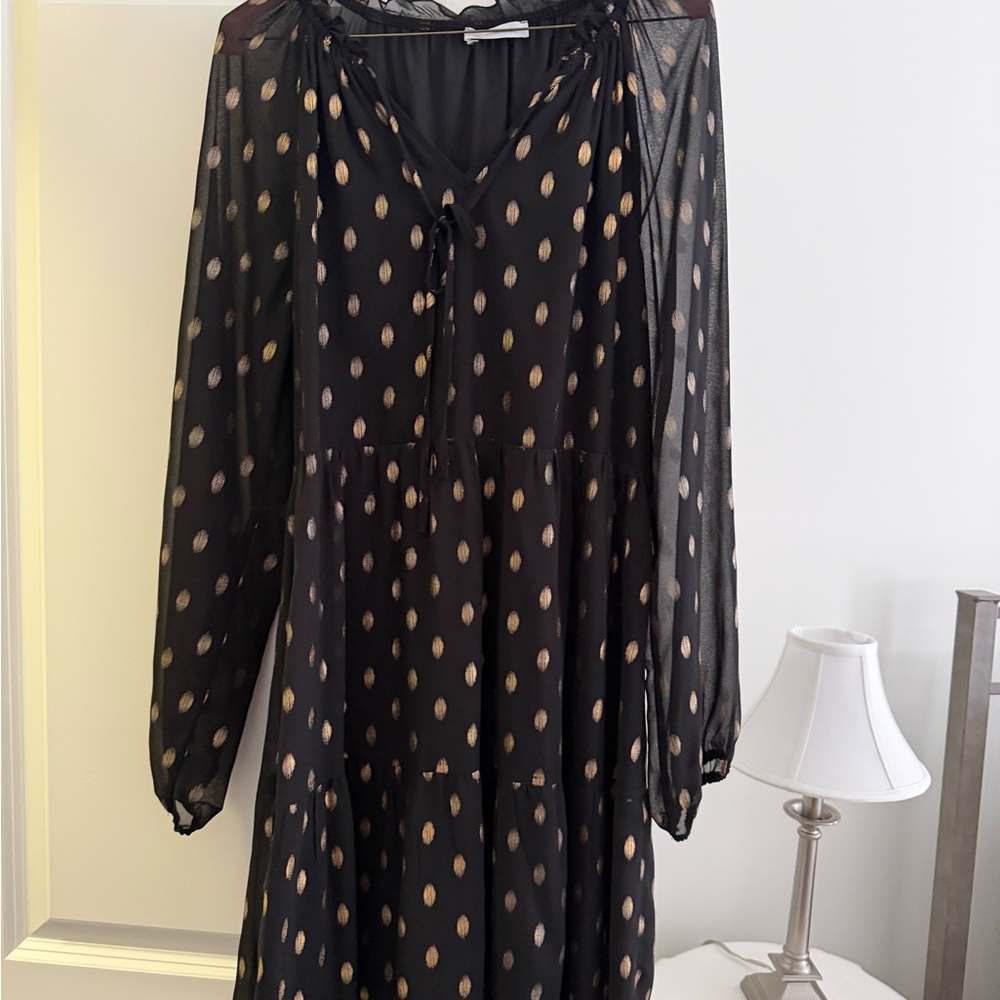 Chic Black and Gold Polka Dot Long Sleeve Dress